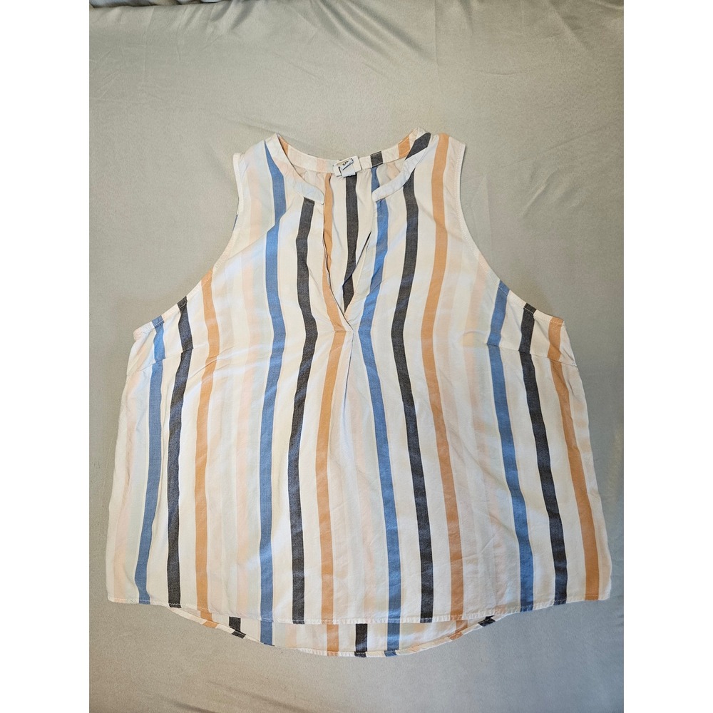 A New Day Sleeveless Blouse Women XXL White Blue Orange Striped Split V-Neck Top